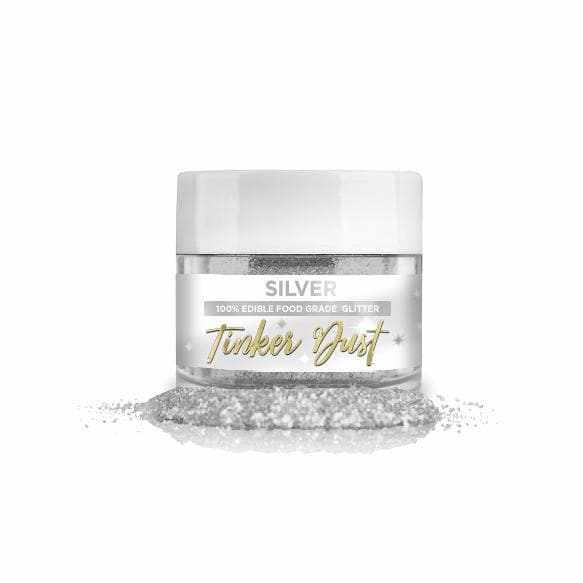 Sahar Masarati Signature Series Silver Tinker Dust, 100% edible food grade glitter in a clear jar.
