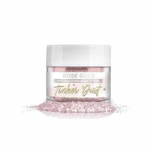 Rose Gold Tinker Dust, 100% edible food-grade glitter in a clear jar with a white lid.