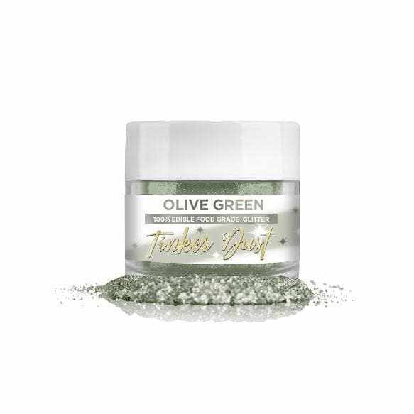 Olive Green Tinker Dust, 100% edible food grade glitter in a clear jar with white lid.