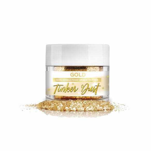 Gold Tinker Dust, 100% edible food-grade glitter in a clear jar with a white lid.
