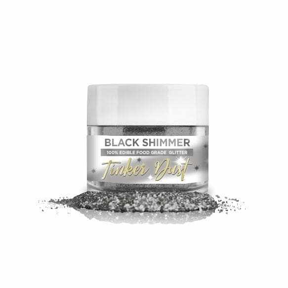 Black Shimmer Tinker Dust, 100% edible food grade glitter in a clear jar with white lid.