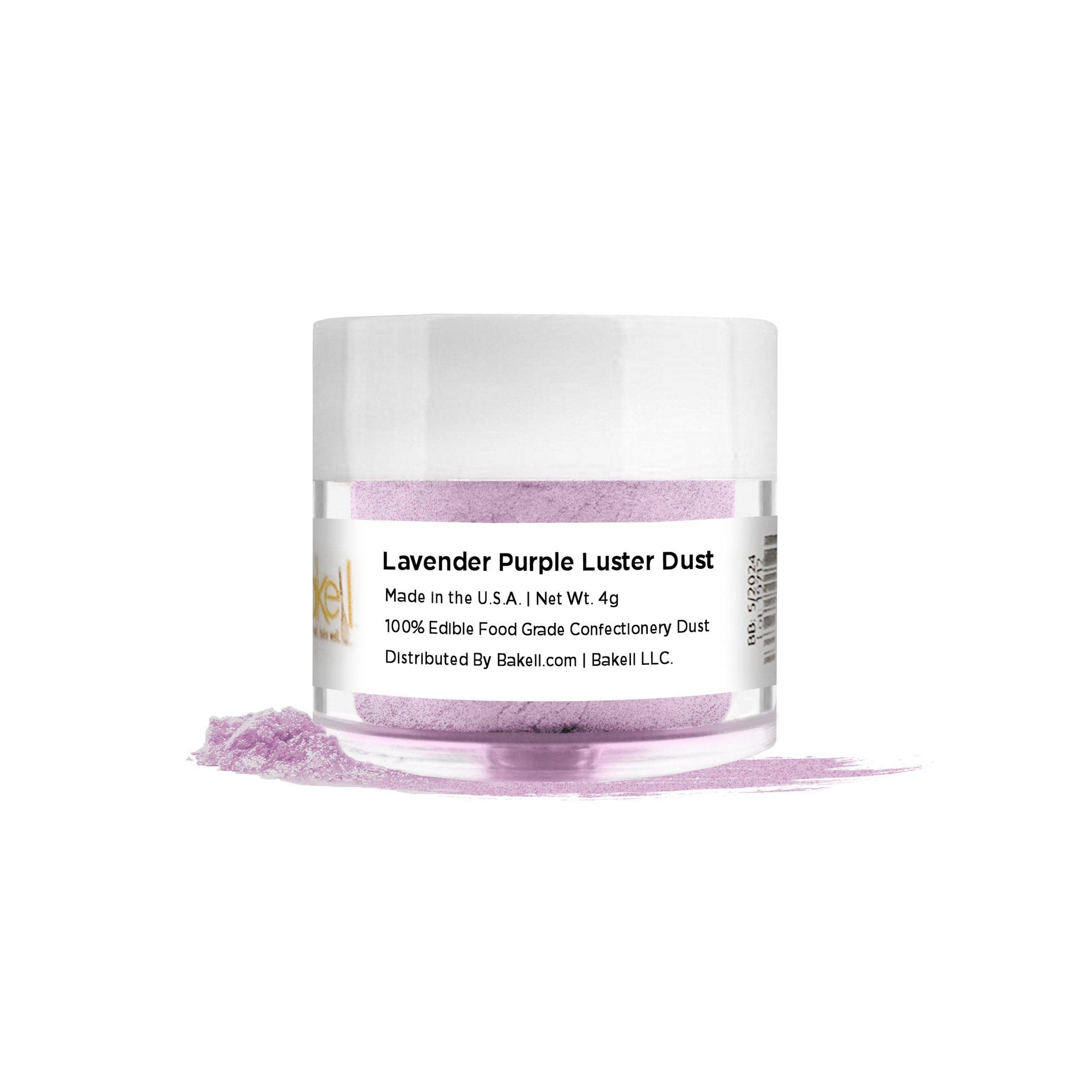 Lavender Purple Luster Dust in a clear jar with a white lid, spilled powder at its base.