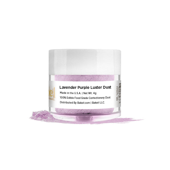 Lavender Purple Luster Dust in a clear jar with a white lid, spilled powder at its base.