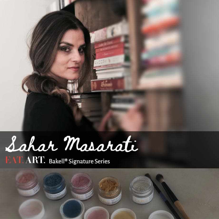 Sahar Masarati with her 26-piece edible art kit featuring paints, dusts, glitters, and brushes.