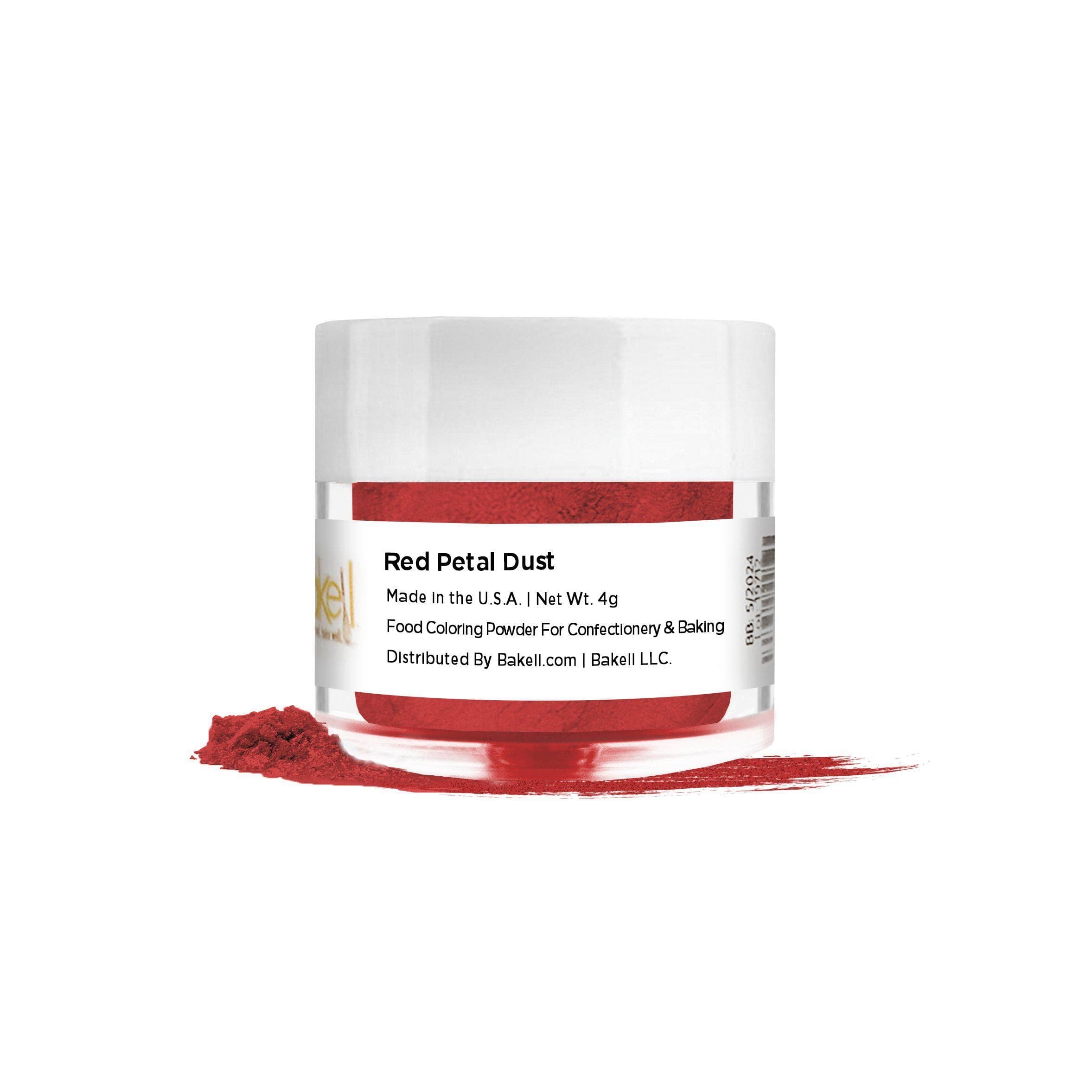 Red Petal Dust in a clear jar with white lid, next to a small pile of red powder.