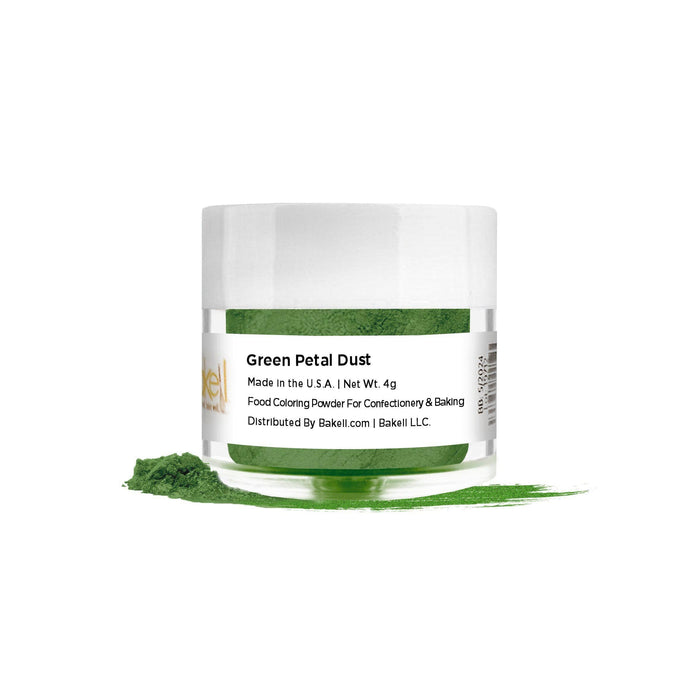Green Petal Dust in a clear jar with a white lid, with some powder spilled on a white surface.