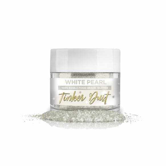 White Pearl Tinker Dust, 100% edible food-grade glitter in a clear jar with white lid.