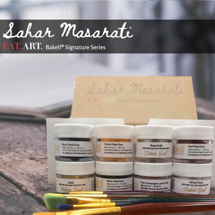 Sahar Masarati 26-piece edible art kit with 19 colorful petal dusts, luster dusts, tinker dusts, and 6 paint brushes.