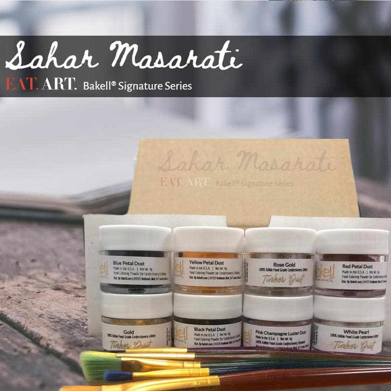 Sahar Masarati 26-piece edible art kit with 19 colorful petal dusts, luster dusts, tinker dusts, and 6 paint brushes.
