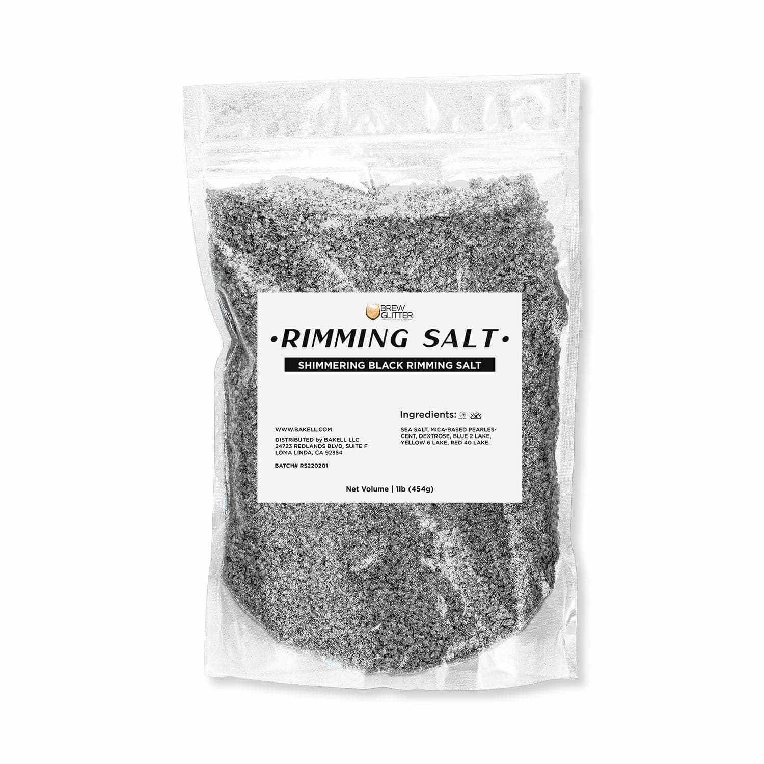 One-pound bag of shimmering black cocktail rimming salt with a white label featuring ingredients and branding.