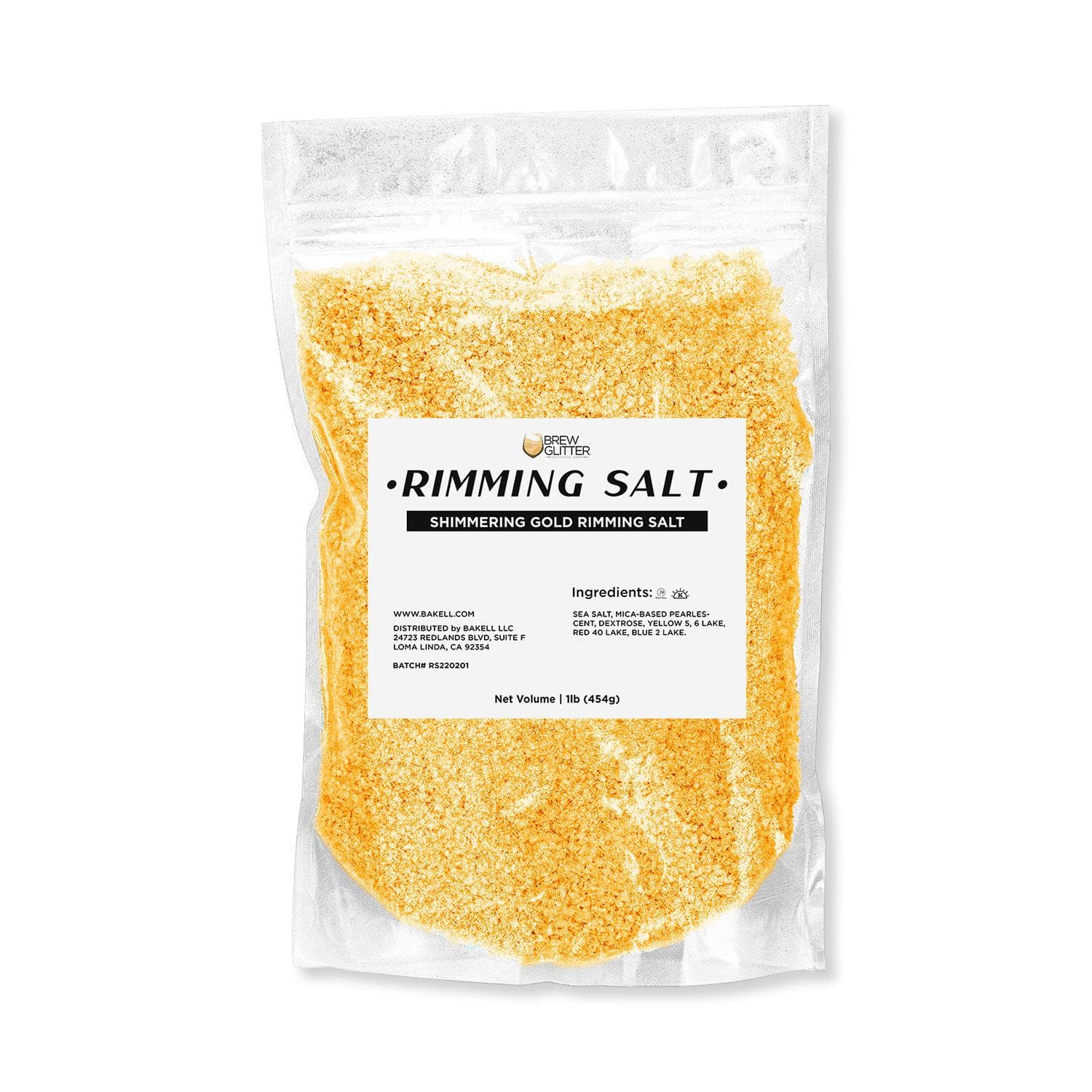 One pound bag of shimmering gold cocktail rimming salt with a white label and black text.