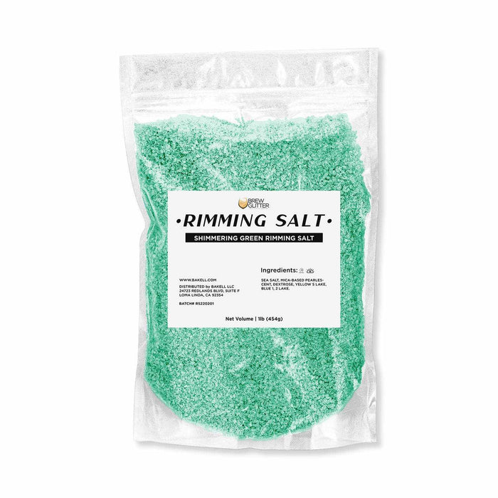 One-pound bag of shimmering green cocktail rimming salt with a white label and Brew Glitter branding.