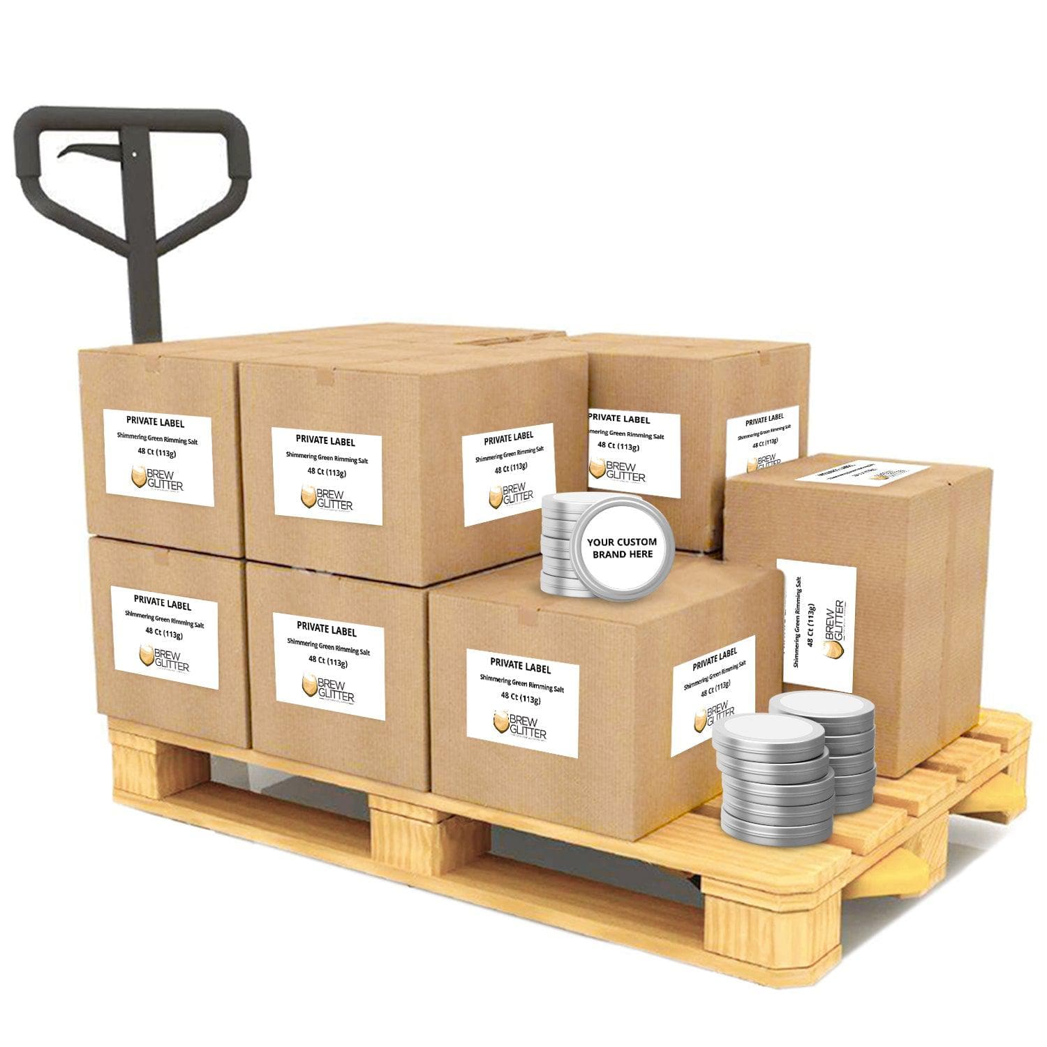 Stack of cardboard cases containing shimmering green rimming salt with customizable private label branding on a wooden pallet.