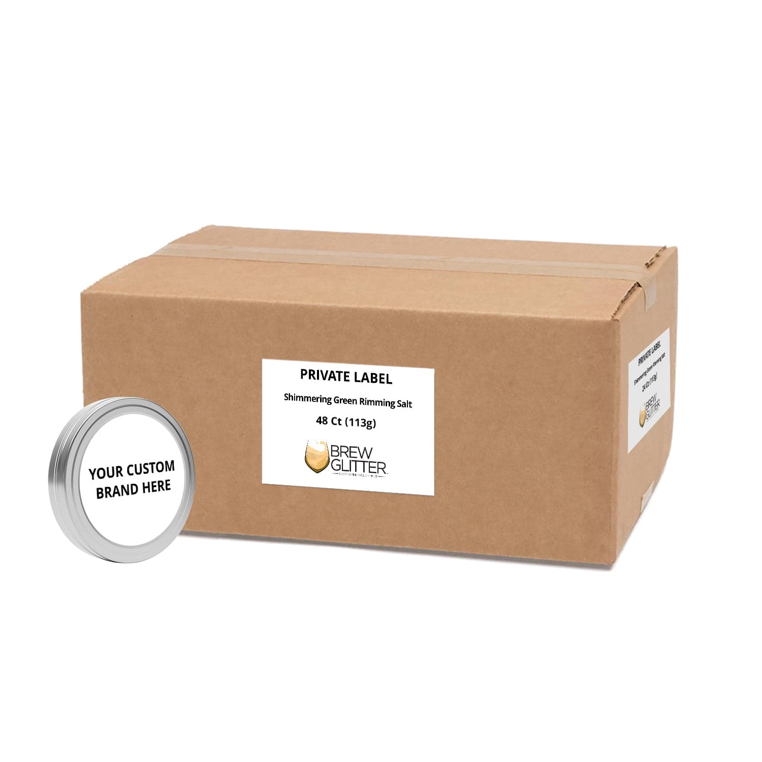 Bulk case of 48 shimmering green rimming salt tins with customizable private label branding space.