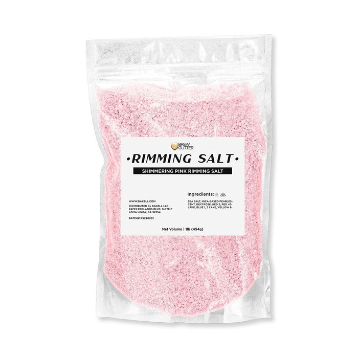 1lb bag of Brew Glitter Shimmering Pink Rimming Salt, showing fine pink crystals.