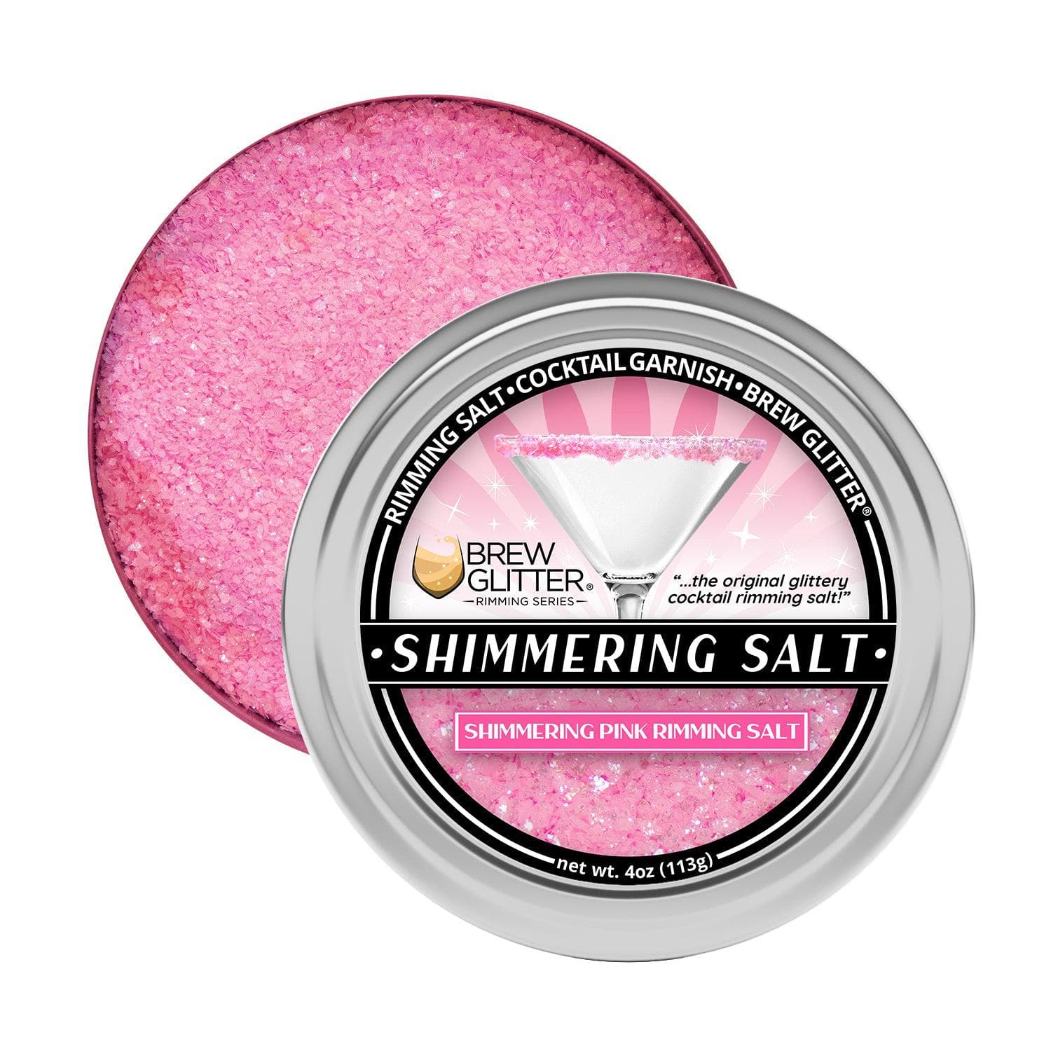 Shimmering pink cocktail rimming salt in a 4oz silver tin with a martini glass graphic.