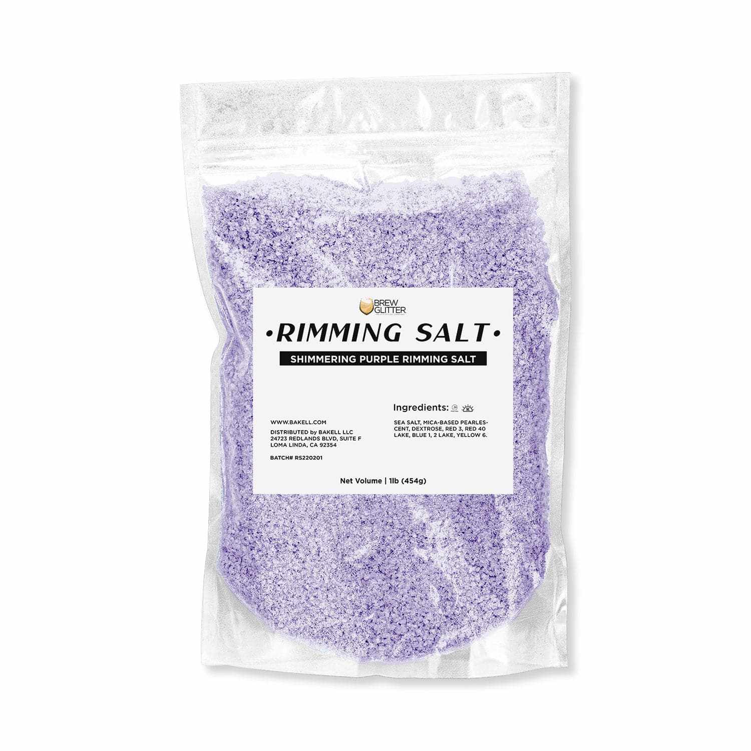 One-pound bag of shimmering deep purple cocktail rimming salt by Brew Glitter with a clear window and product label.