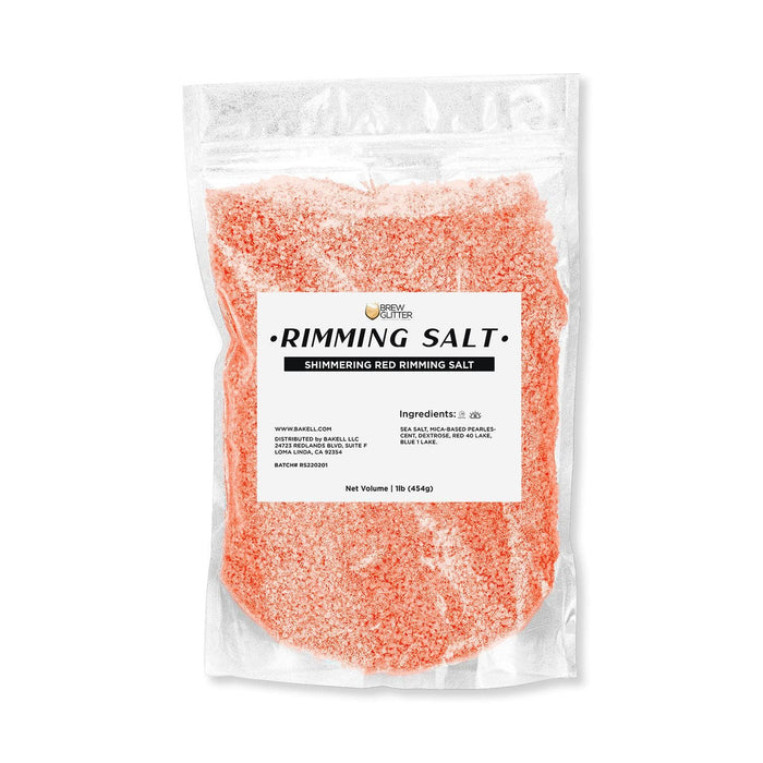 One pound bag of shimmering red cocktail rimming salt with a white product label and Brew Glitter branding.