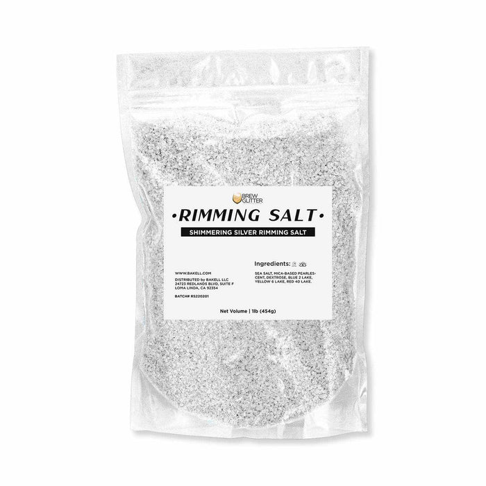 1lb bag of Shimmering Silver cocktail rimming salt with a white label and black text on a clear stand-up pouch.