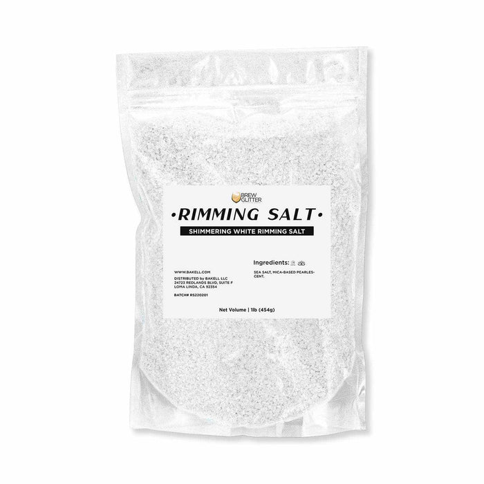 1lb bag of Brew Glitter Shimmering White Rimming Salt, showing ingredients and net volume.