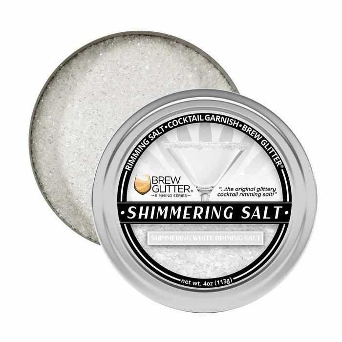 Brew Glitter Shimmering White Rimming Salt in an open 4oz tin, showing sparkly white salt.