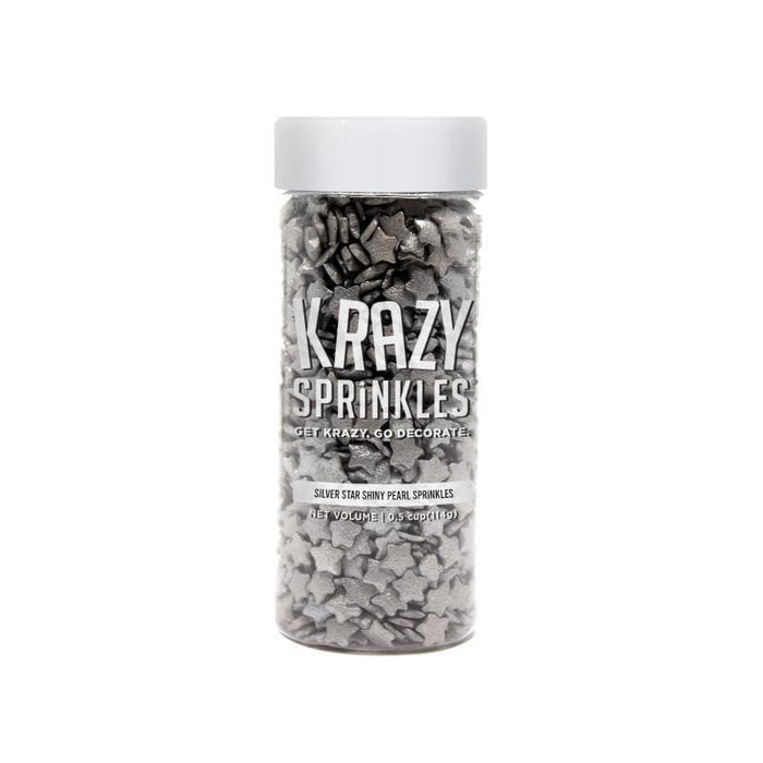 Shiny Silver Pearl Star Shaped Sprinkles-Krazy Sprinkles_HalfCup_Google Feed-bakell
