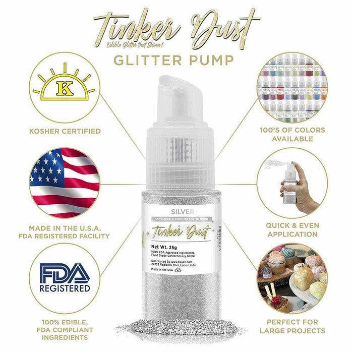 BAKELL Silver Edible Glitter Spray Pump, (25g), TINKER DUST Edible Glitter, KOSHER Certified, 100% Edible Glitter