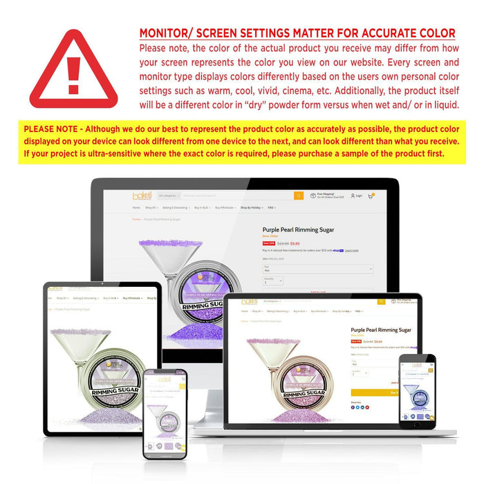 Screens displaying "Purple Pearl Rimming Sugar" product page on laptop, tablet, and smartphone.