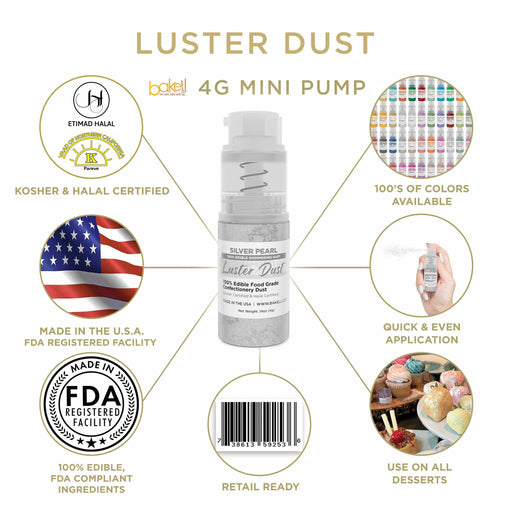 New! Miniature Luster Dust Spray Pump | 4g Silver Pearl Edible Glitter