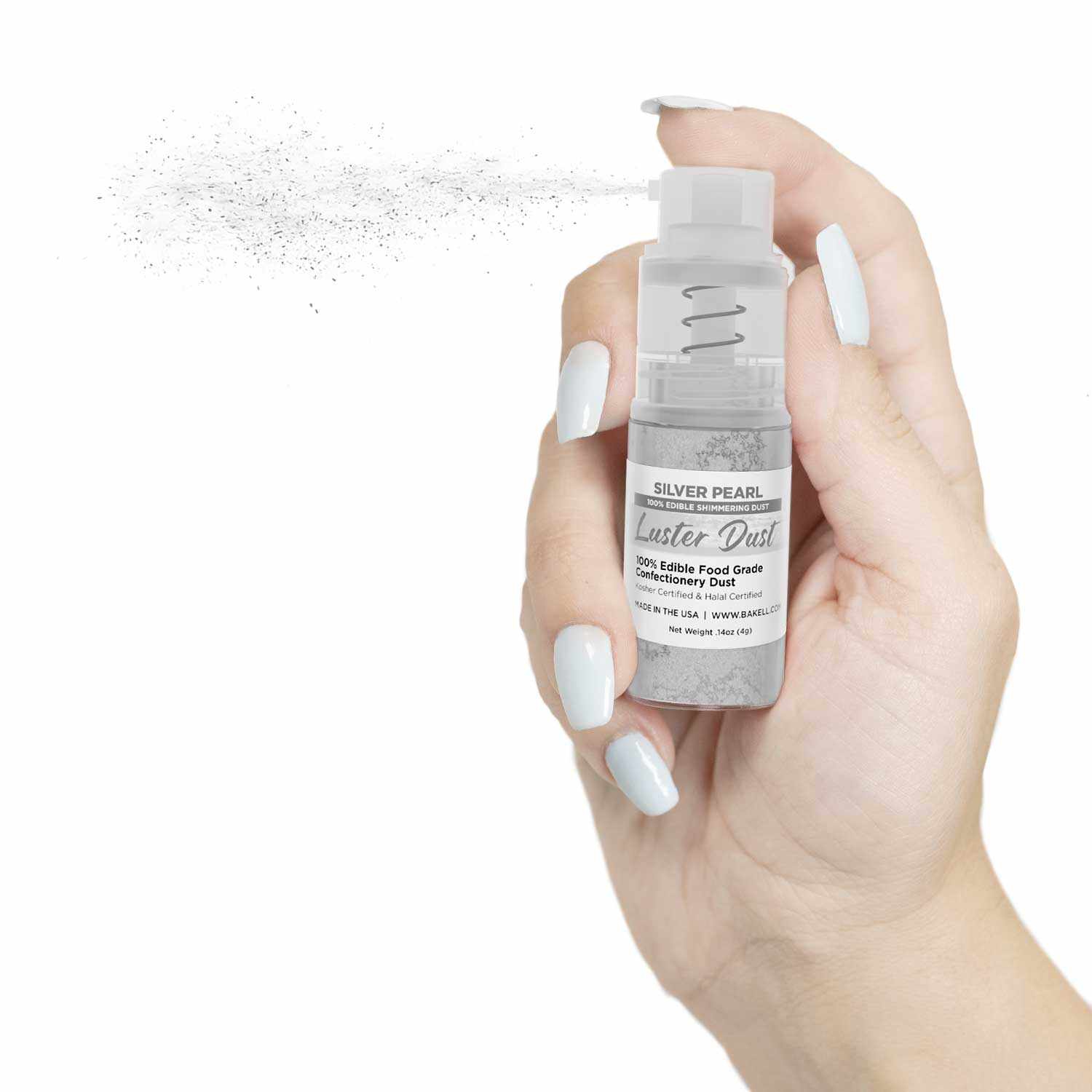 New! Miniature Luster Dust Spray Pump | 4g Silver Pearl Edible Glitter