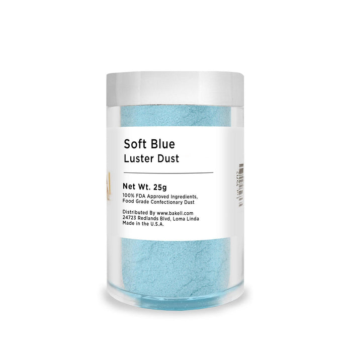 25g jar of Soft Blue Luster Dust, a fine, pearlized edible powder for confectionery.