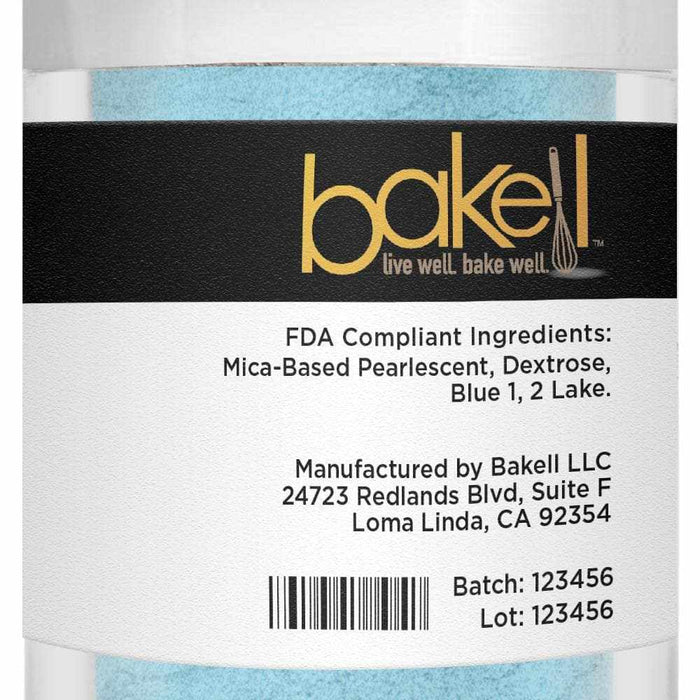 Bakell Soft Blue Luster Dust in a clear bulk container with product label and ingredients.