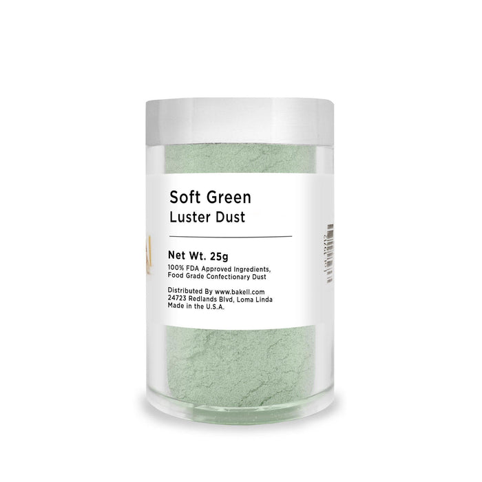 25g jar of Soft Green Luster Dust, a fine, pearlized edible powder for confectionery.