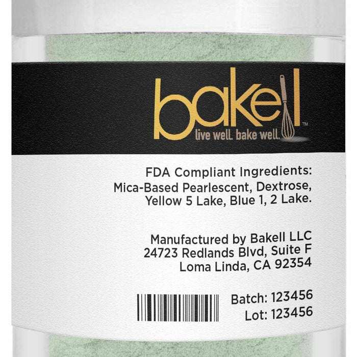 Soft green luster dust in a clear jar with a Bakell label, showing ingredients and manufacturing details.