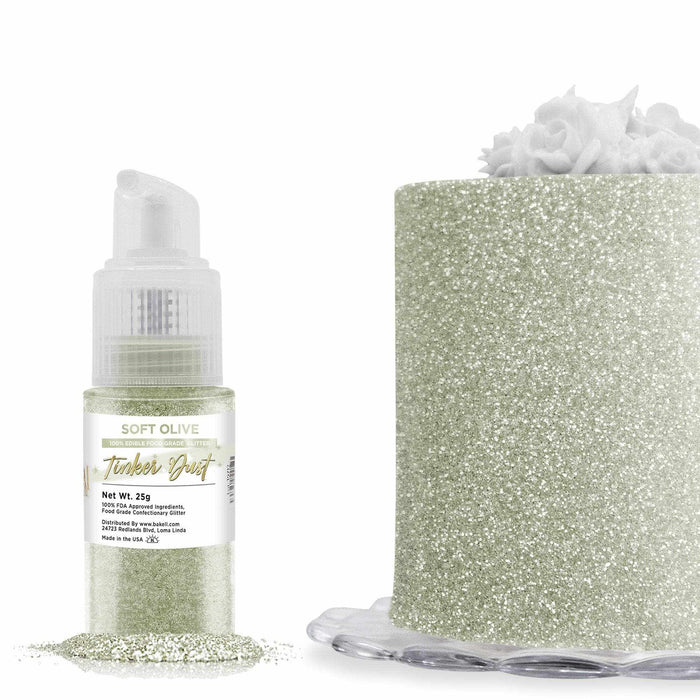 Soft Olive Green Edible Glitter Spray 25g Pump | Tinker Dust | Bakell