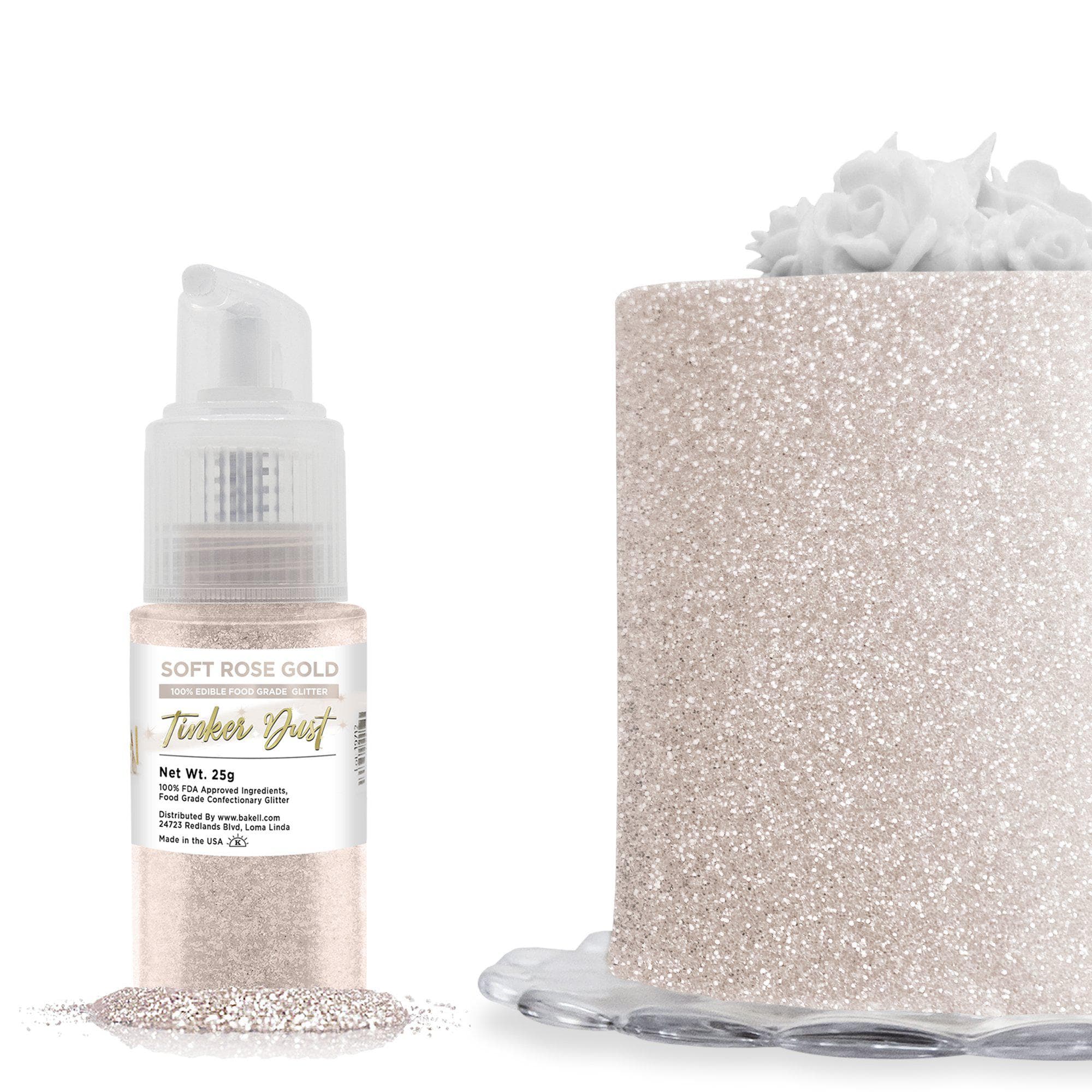 Soft Rose Gold Edible Glitter Spray 25g Pump | Tinker Dust | Bakell