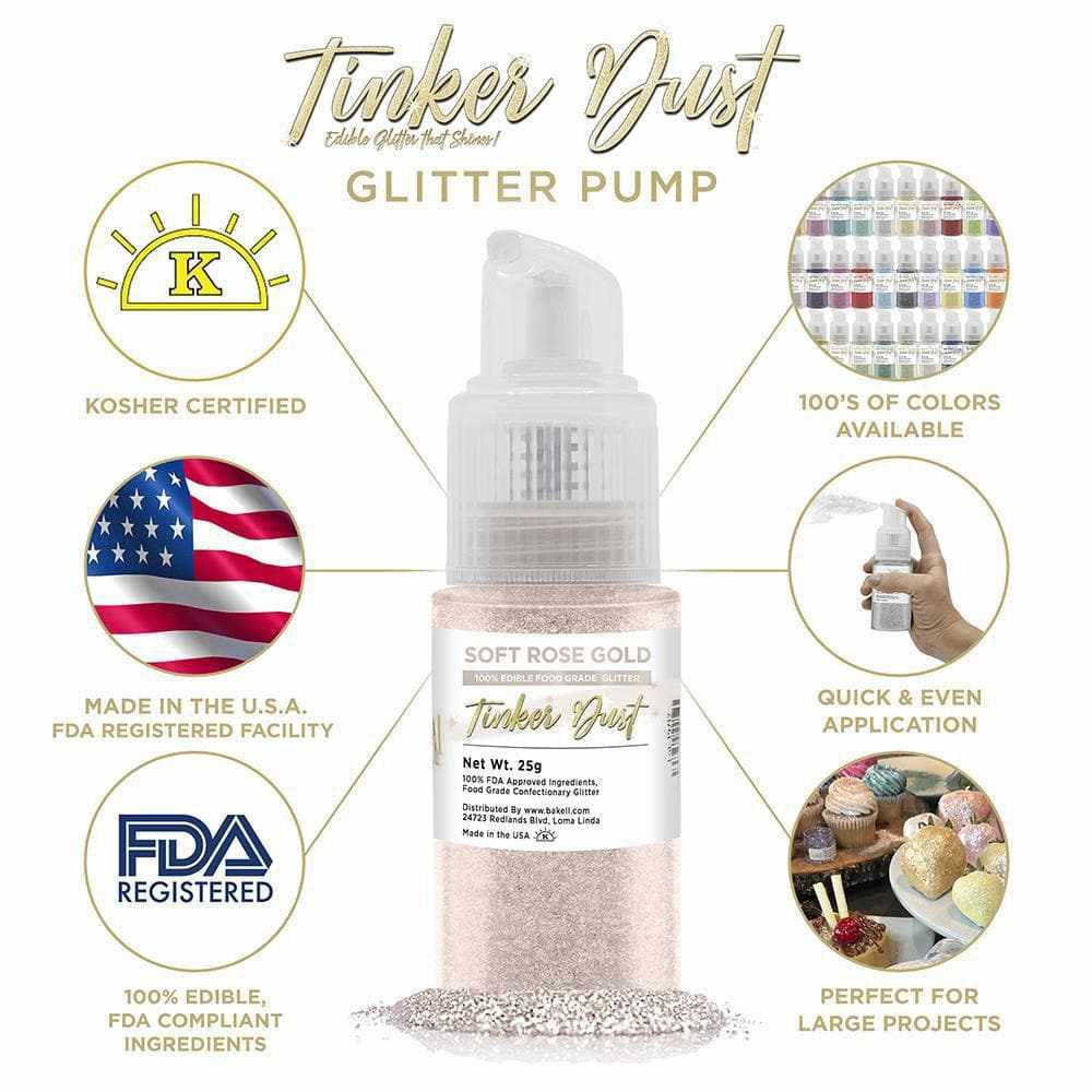 Soft Rose Gold Edible Glitter Spray 25g Pump | Tinker Dust | Bakell
