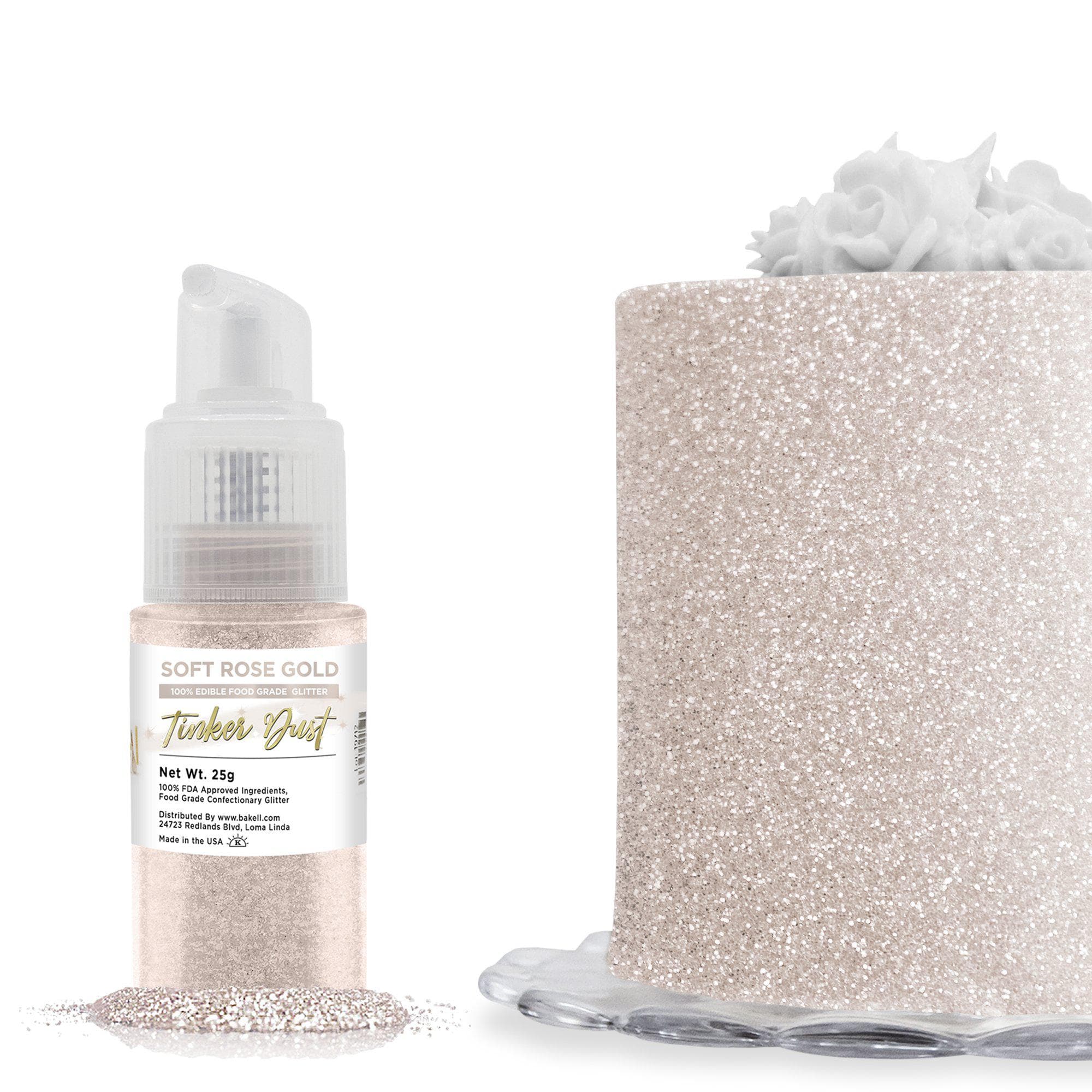 Soft Rose Gold Edible Glitter Spray 25g Pump | Tinker Dust | Bakell