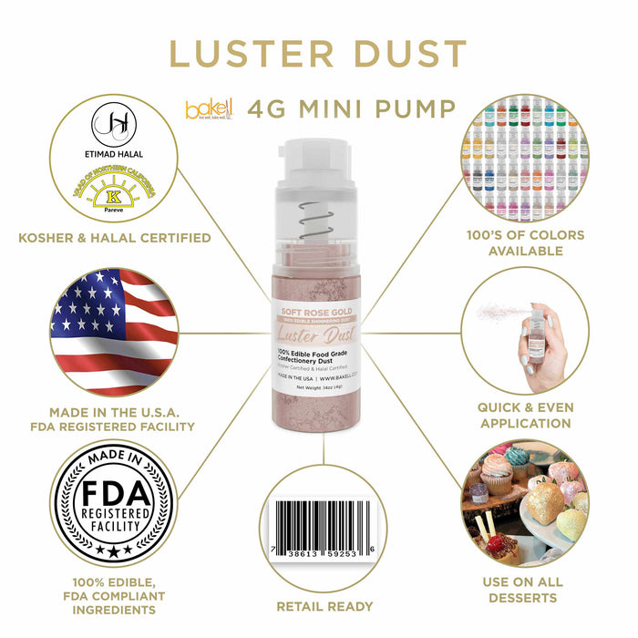 New! Miniature Luster Dust Spray Pump | 4g Soft Rose Gold Edible Glitter