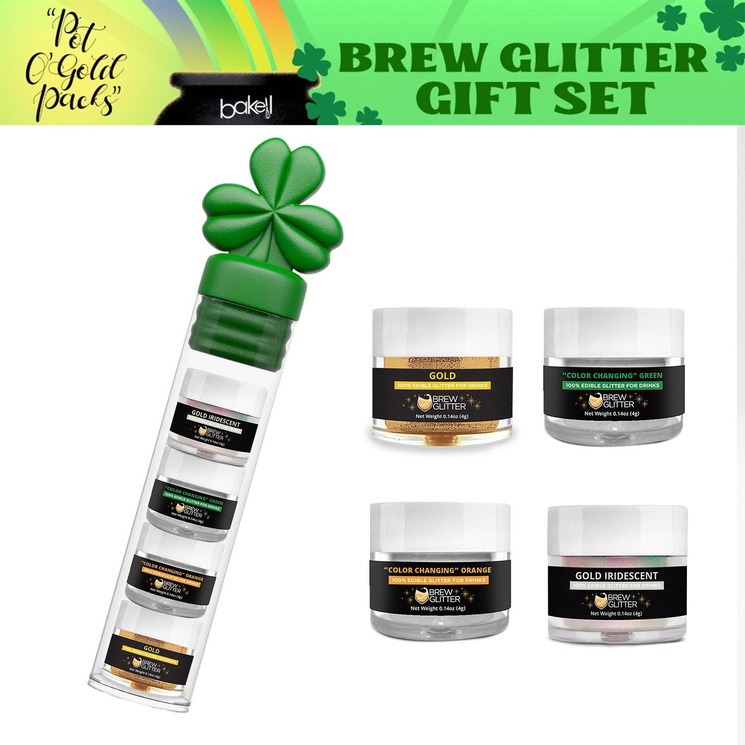 St. Patty's Day Kiss Me I'm Irish Clover Brew Glitter Gift Set (4 PC SET)-Brew Glitter_Pack-bakell
