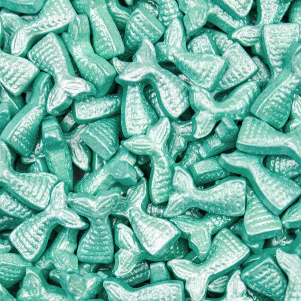 Teal mermaid tail shaped sprinkles, a key part of the Summer Beach Sprinkles Combo Pack.