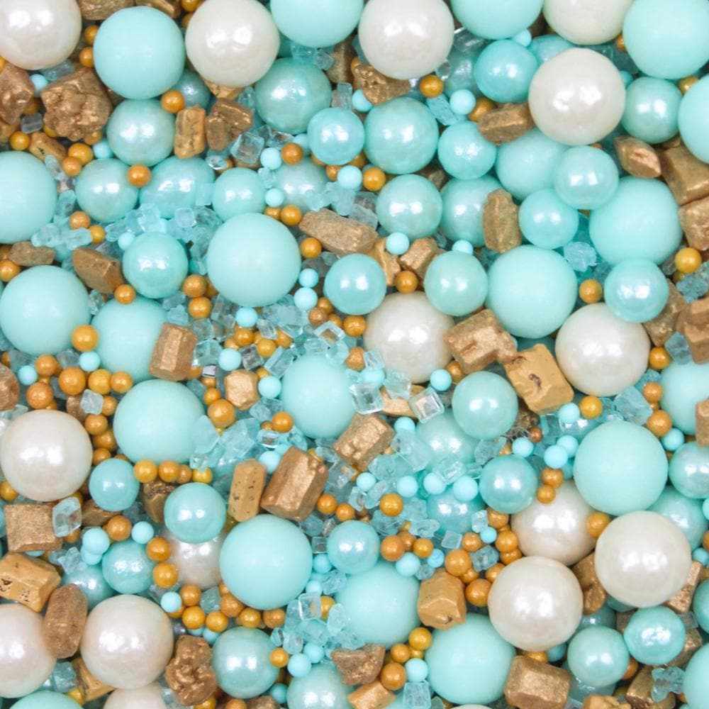 Summer Beach Krazy Sprinkles combo pack with teal, white, gold, and light blue edible sprinkles.