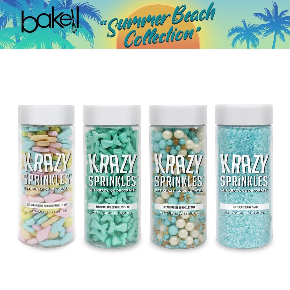 Four Krazy Sprinkles bottles: pastel ice cream cones, teal mermaid tails, blue/gold beads, and light blue sugar rocks.