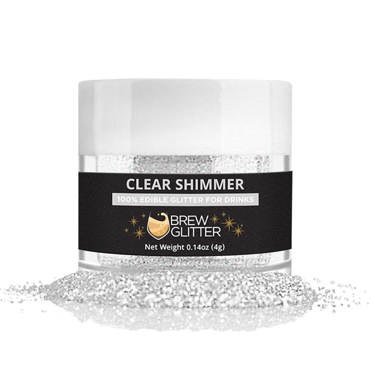 Clear Shimmer Brew Glitter 4g jar, 100% edible drink glitter, with silver glitter spilled around it.