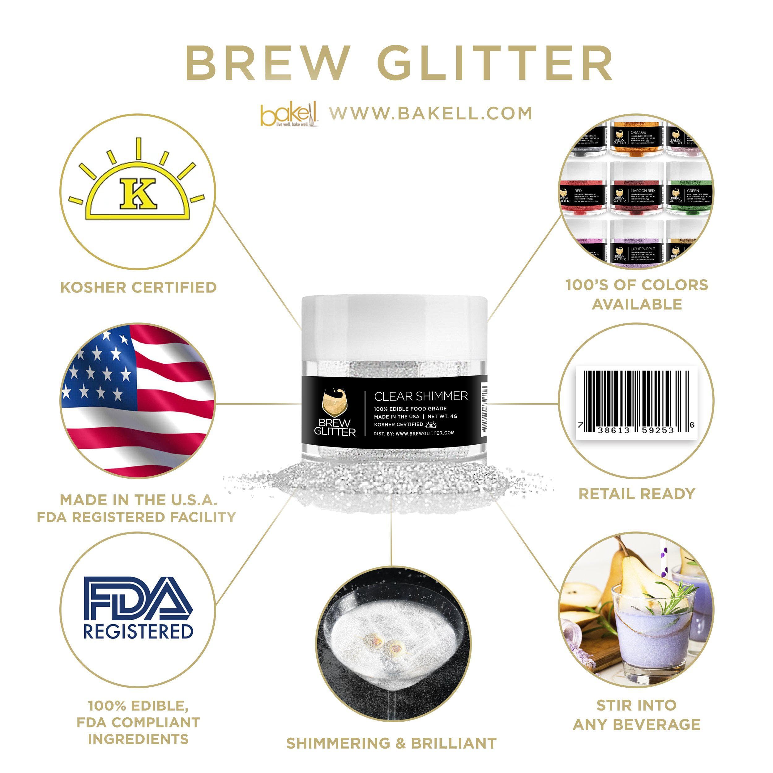Brew Glitter clear shimmer edible glitter jar with product features like Kosher, FDA, USA made, and beverage use.