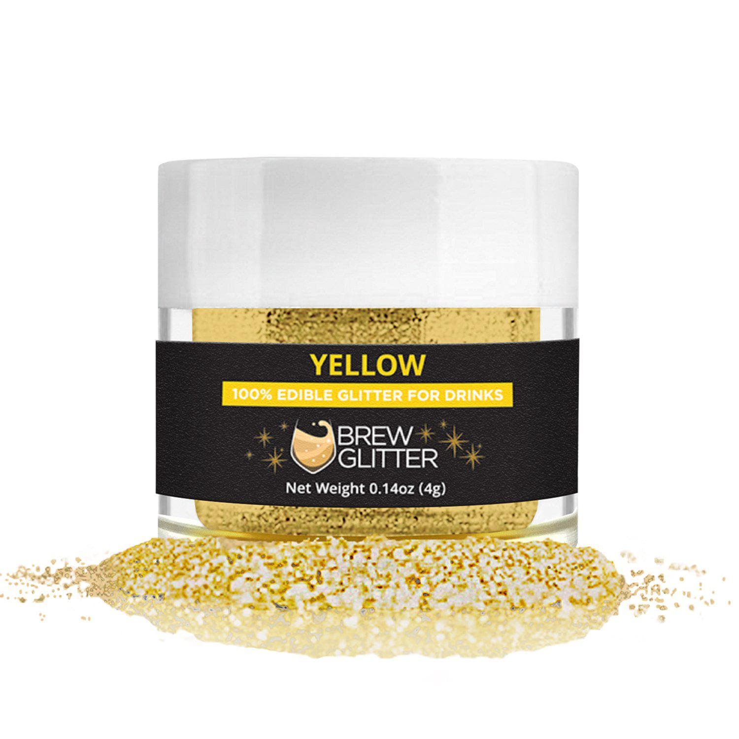 Yellow Brew Glitter 4g jar of edible drink glitter, with a pile of glitter at its base.