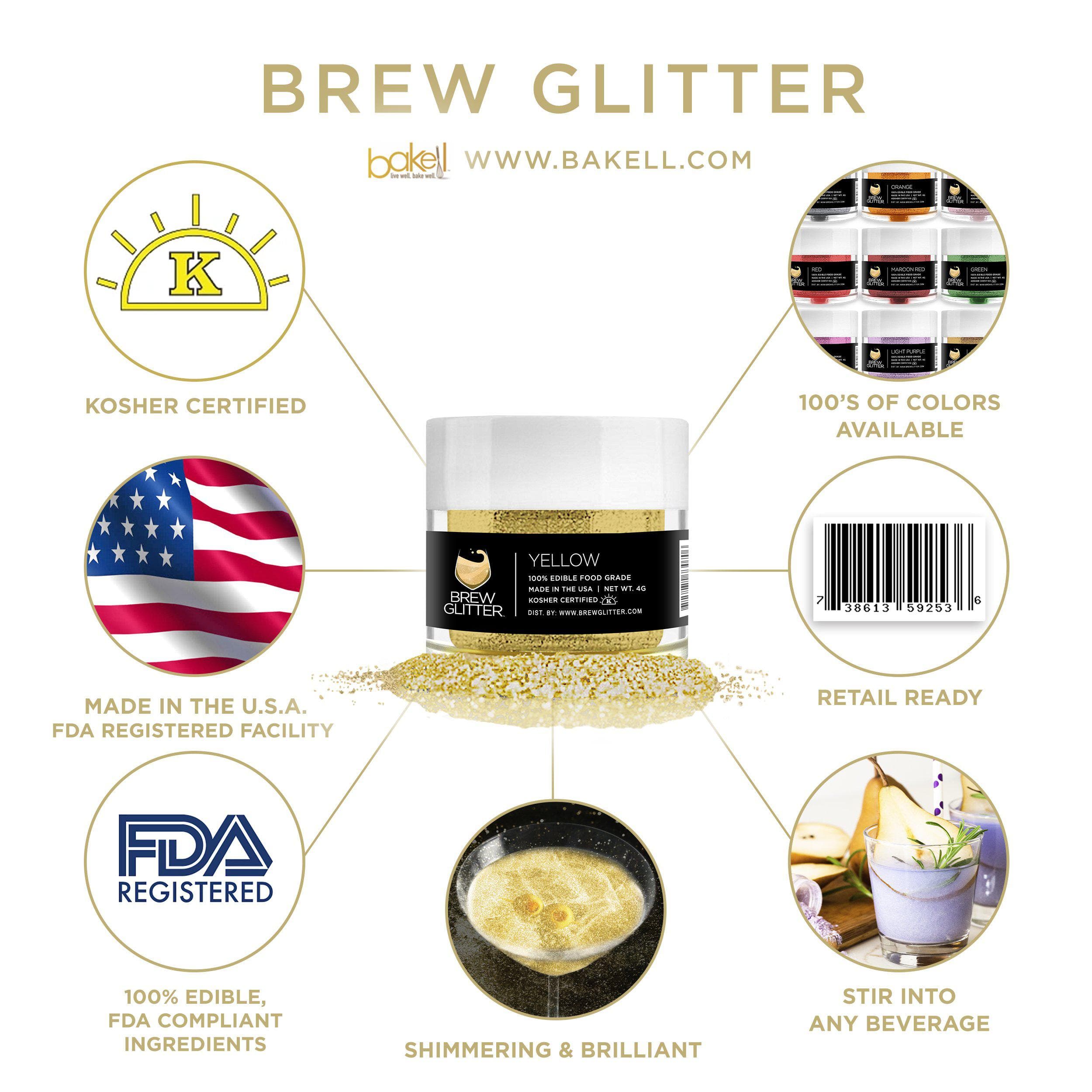 Yellow Brew Glitter jar with scattered glitter, showing product features like Kosher, FDA, and beverage use.