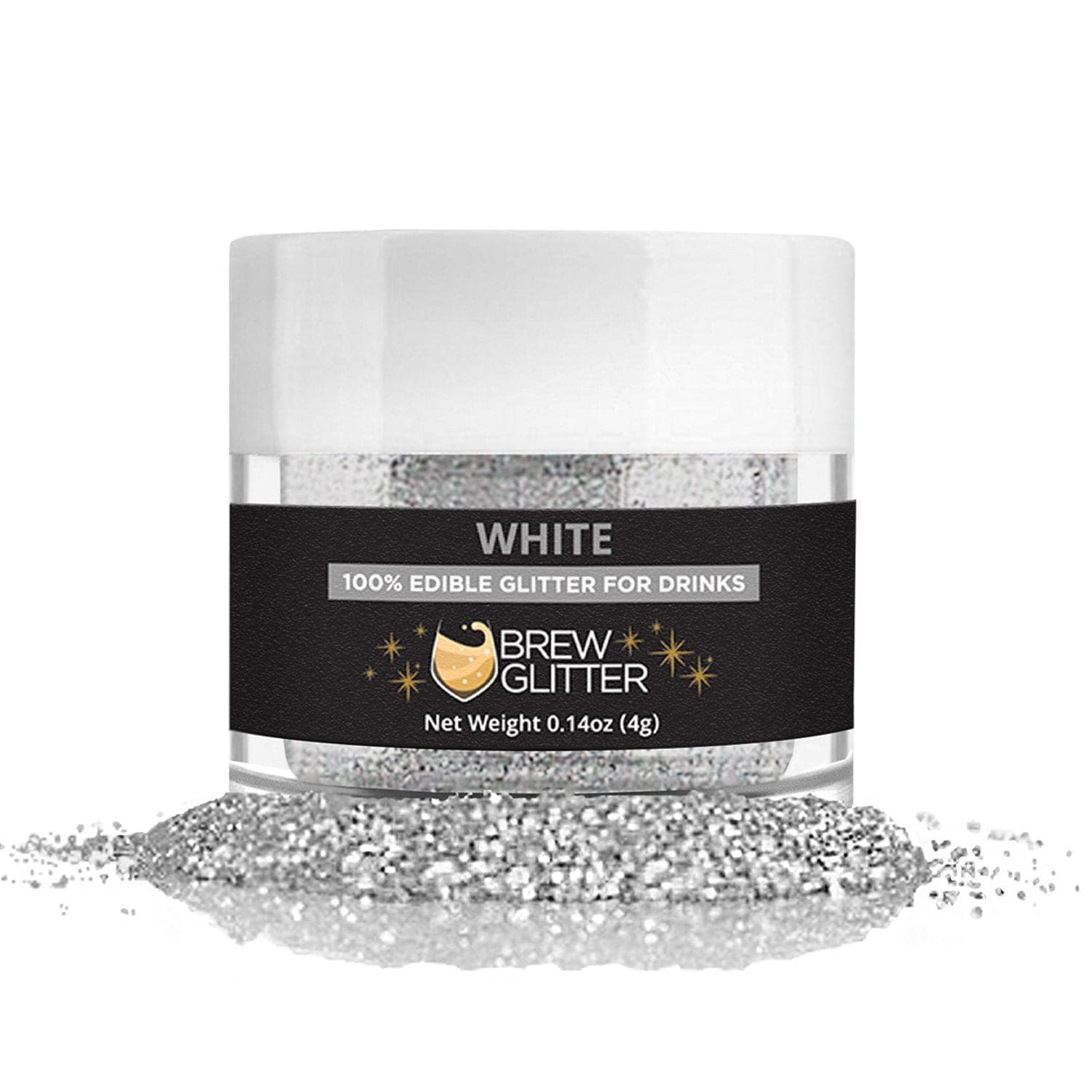White Brew Glitter jar with 4g edible shimmer powder, perfect for drinks.
