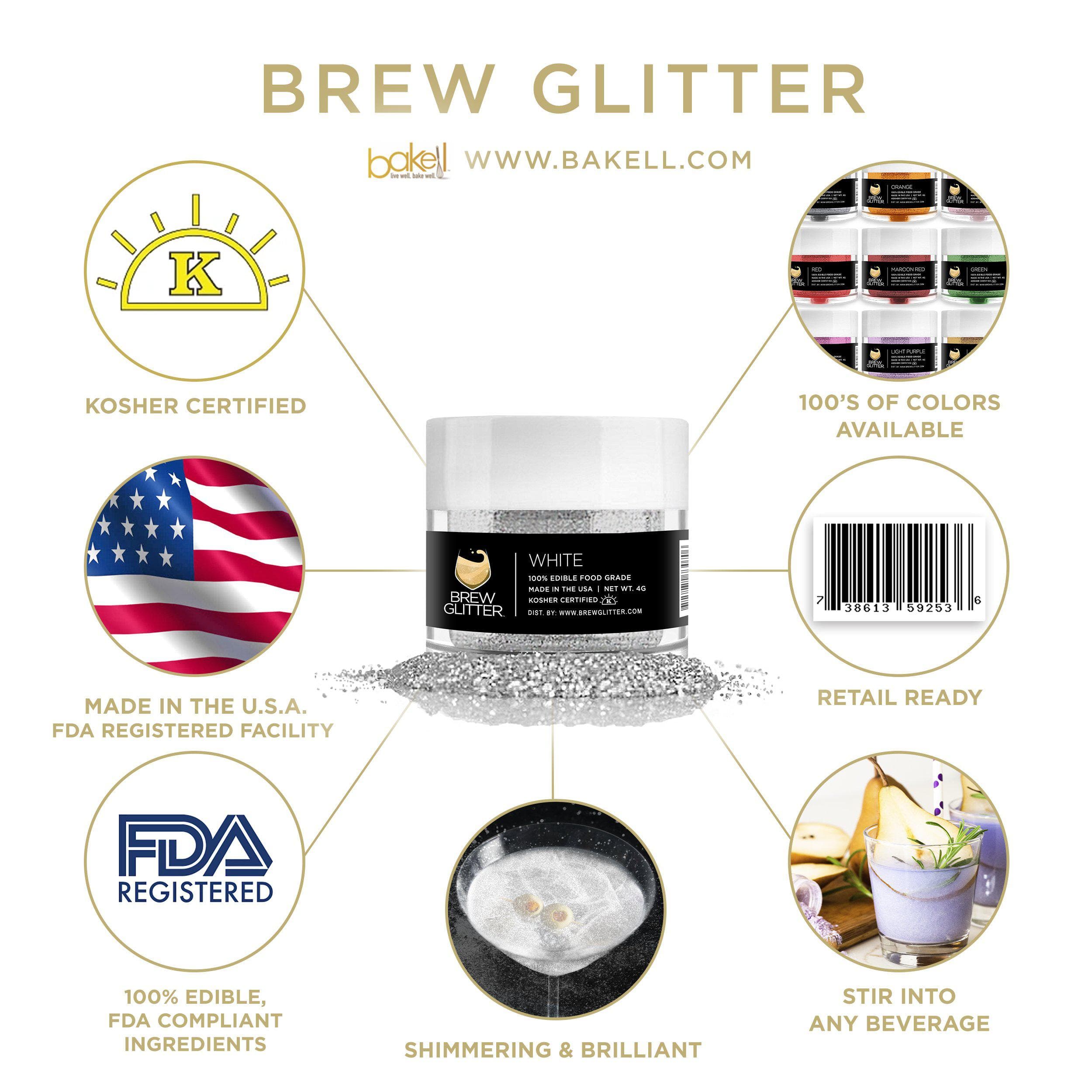 White Brew Glitter jar with product details, Kosher, FDA logos, and shimmering drink examples.