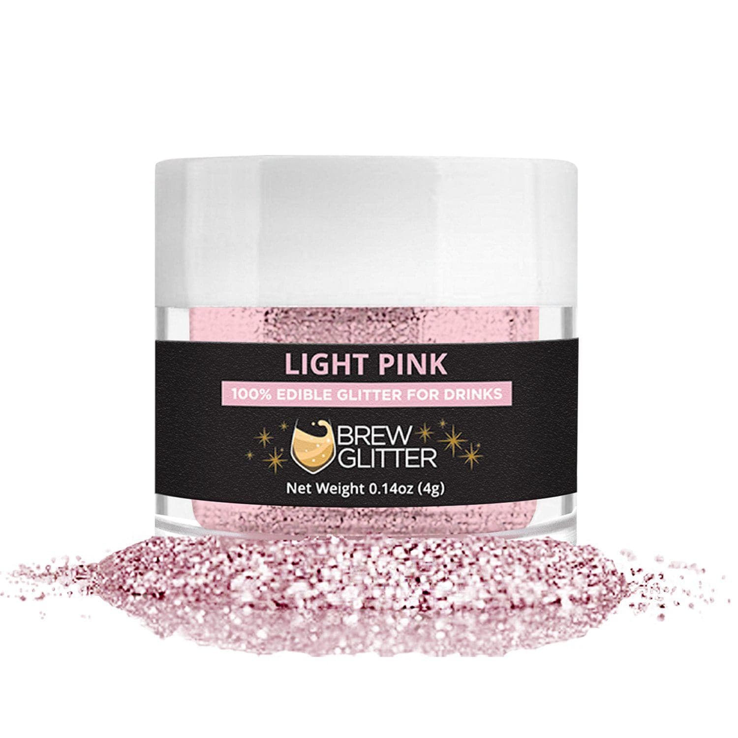 Light Pink Brew Glitter 4g jar with shimmering edible glitter for drinks, perfect for summer beverages.